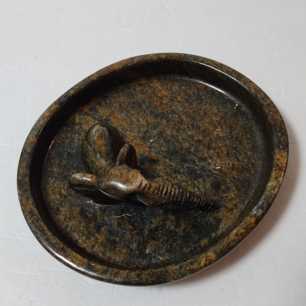 African Soap Dish Trinket Tray Hand Carved Stone Floating Bathing Elephant 6"